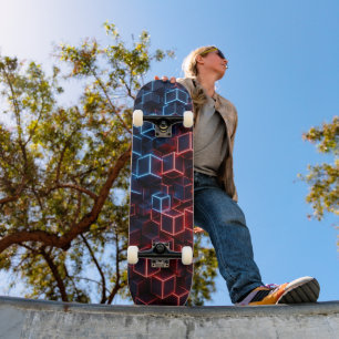 Neon Skateboard - Midnight Navy Crimson 3D Cube 