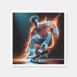 Neon Skateboarder With Fiery Light Trails Napkin