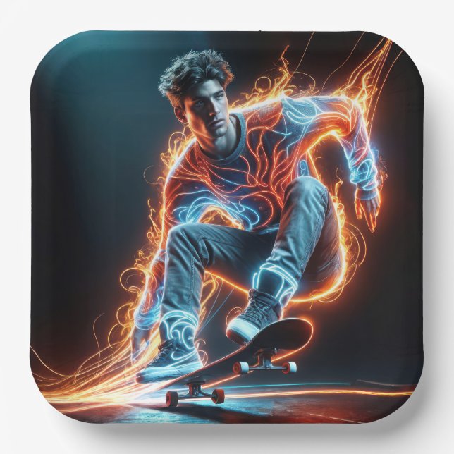Neon Skateboarder With Fiery Light Trails Paper Plate (Front)