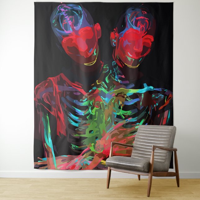 Neon Skeleton Embrace Art Fusion Tapestry (In Situ)