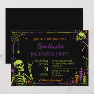 Neon Skeleton Gothic Halloween Birthday Party Invitation