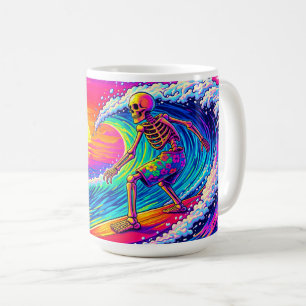 Neon Skeleton Surfing Colorful Sunset Coffee Mug