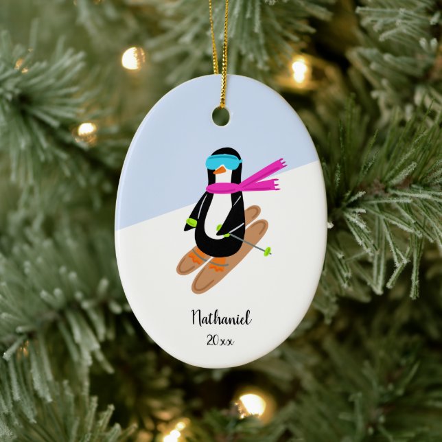 Neon Skiing Penguin Personalised Christmas Ceramic Tree Decoration (Tree)