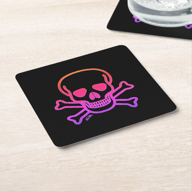 Neon Skull black paper drink coasters (Angled)