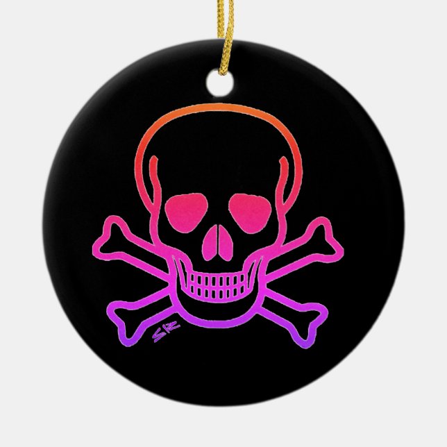 Neon Skull black round ceramic ornament (Front)