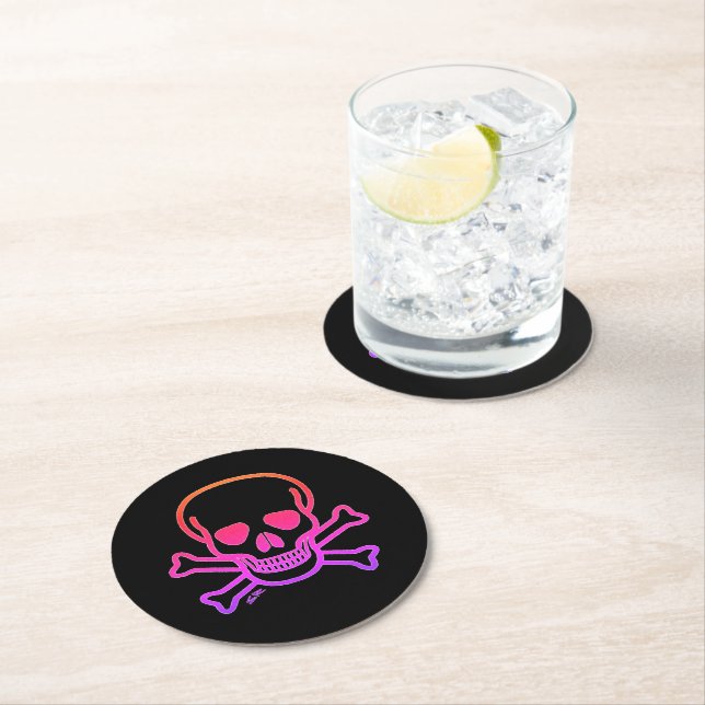 Neon Skull black round paper drink coasters (Insitu)