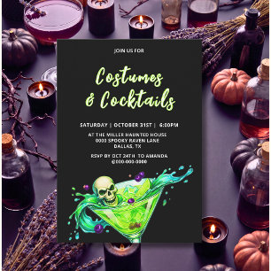 Neon Skull Cocktail Adult Halloween Party Invitation