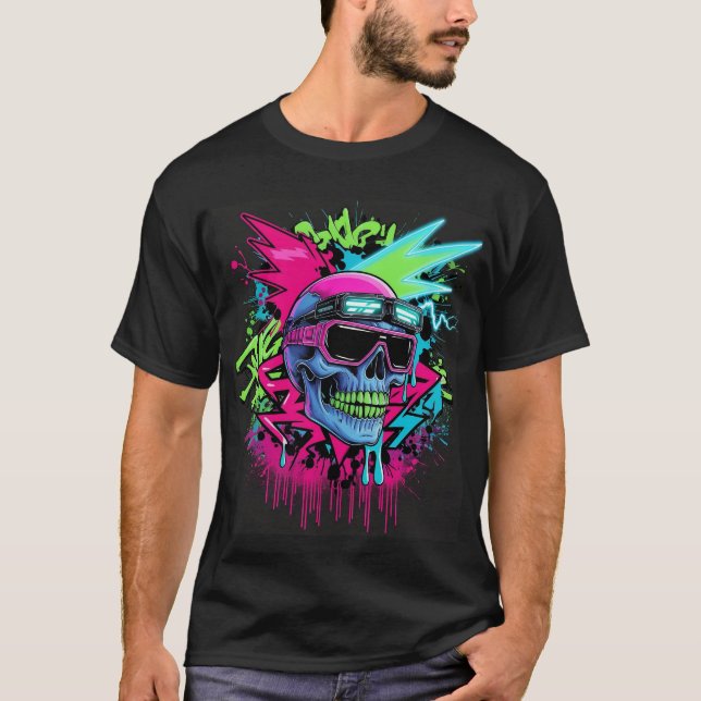 Neon Skull Explosion – Cyberpunk Streetwear Art T-Shirt (Front)