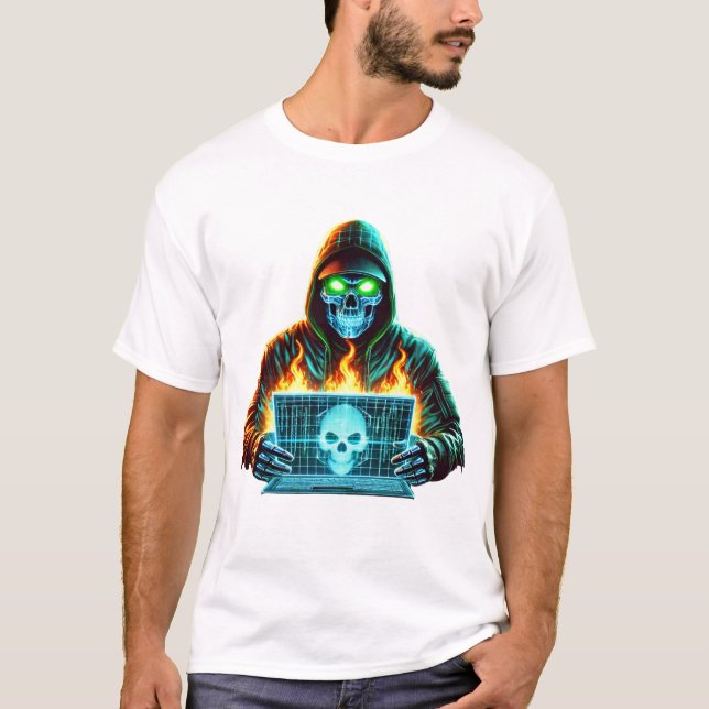 Neon Skull Hacker – Cyber Glitch Warrior T-shirt (Front)