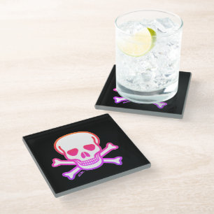 Neon Skull n Bones white black glass coaster