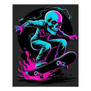 Neon Skull Skateboard Art – Edgy Skater Design Poster