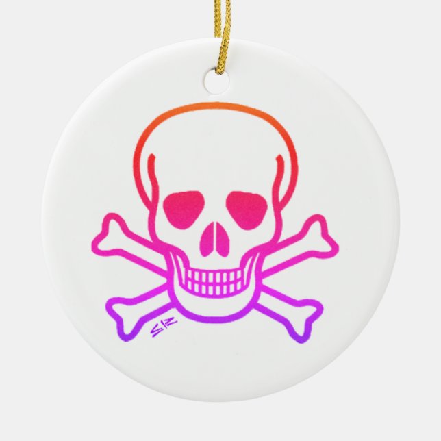 Neon Skull white round ceramic ornament 2 sided (Front)