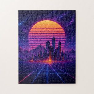 Neon Skyline Horizon – Retro Synthwave Cityscape Jigsaw Puzzle