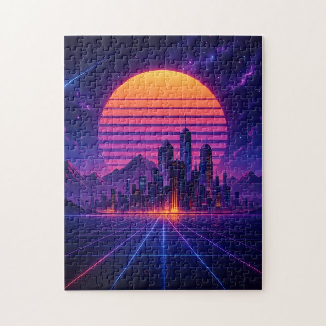 Neon Skyline Horizon – Retro Synthwave Cityscape Jigsaw Puzzle (Vertical)