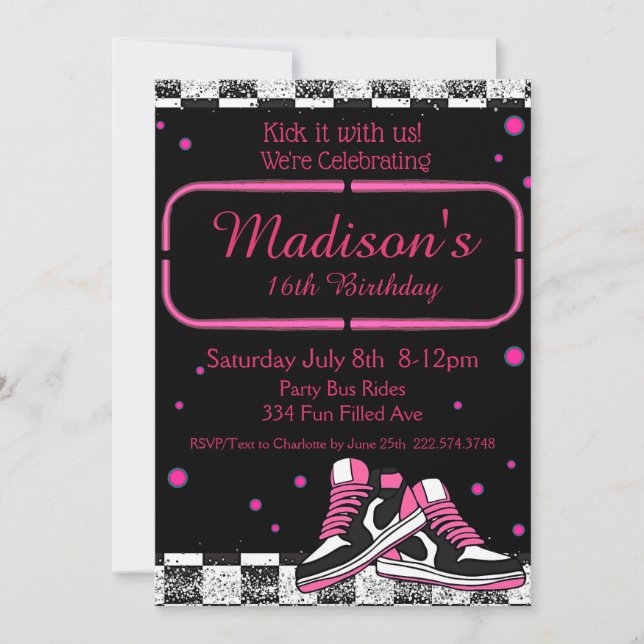 Neon Sneaker Birthday, Glitter Invitation (Front)