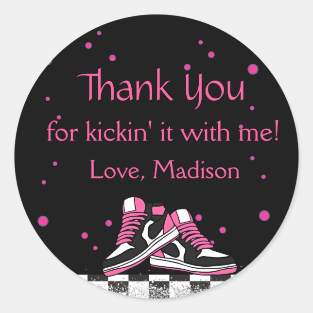 Neon Sneaker Birthday, Glitter Thank You Classic Round Sticker (Front)