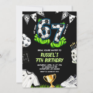 Neon Soccer 67 Birthday Invitation