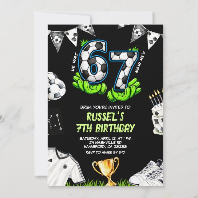 Neon Soccer 67 Birthday Invitation (Front)
