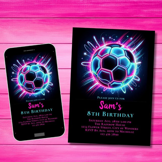 Neon Soccer Birthday Invitation Girls Pink Soccer (Creator Uploaded)