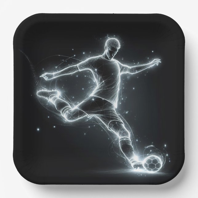 Neon Soccer Player On Black Paper Plate (Front)