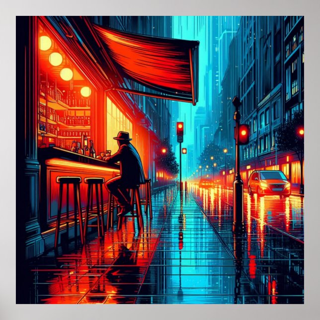 Neon Solitude: Rainy Night at the City Cafe Poster (Front)