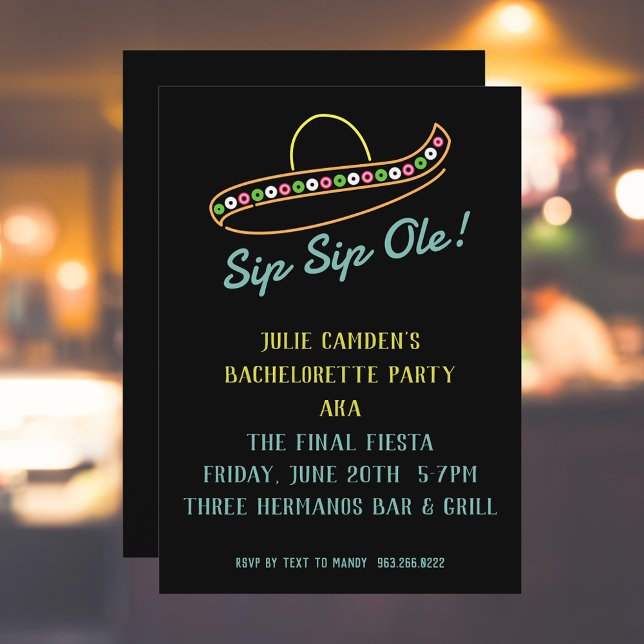 Neon Sombrero Final Fiesta Bachelorette Party Invitation (Creator Uploaded)