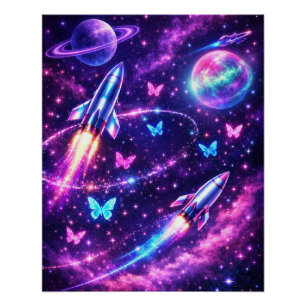 Neon Space Butterfly Galaxy Art Poster