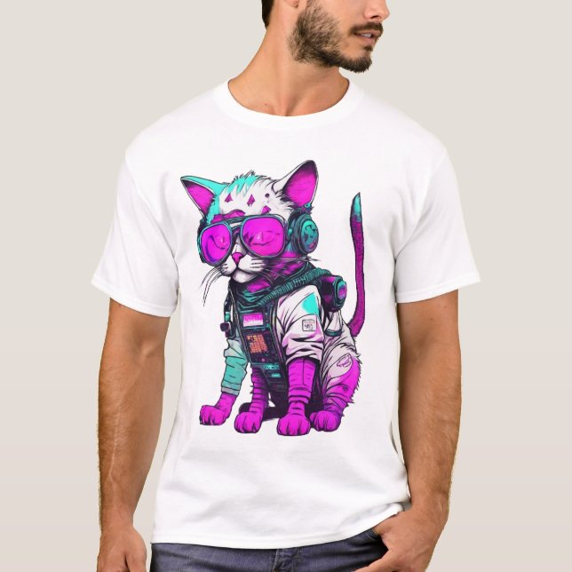 Neon Space Cat in Futuristic Suit T-Shirt (Front)