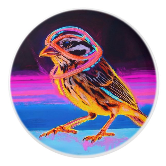 Neon Sparrow with Glowing Accents Ceramic Knob (Front)
