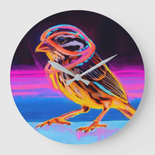 Neon Sparrow with Glowing Accents Large Clock
