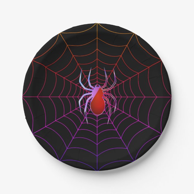 Neon spider and spiderweb paper plate (Front)