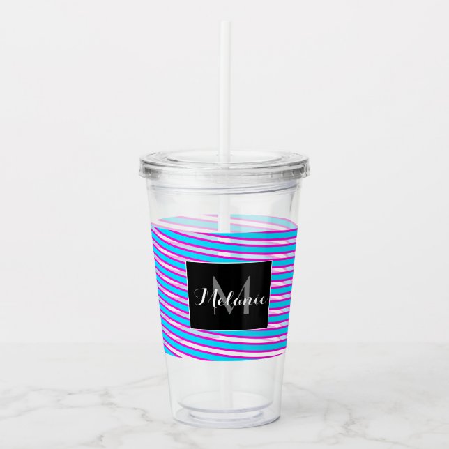 Neon Spiral Ribbon Stripes Monogram Custom Name Acrylic Tumbler (Front)