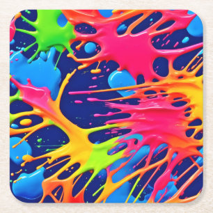 Neon Splatter: Abstract Vibrant Art Square Paper Coaster