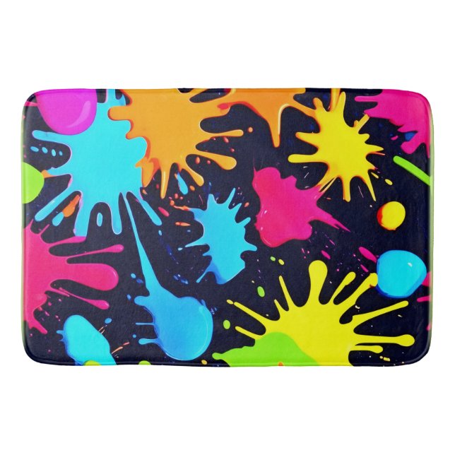 Neon Splatter Art: Vibrant Abstract Expressionism Bath Mat (Front)