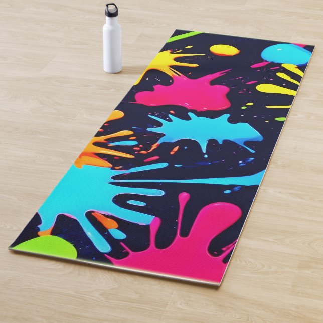Neon Splatter Art: Vibrant Abstract Expressionism Yoga Mat (In Situ)