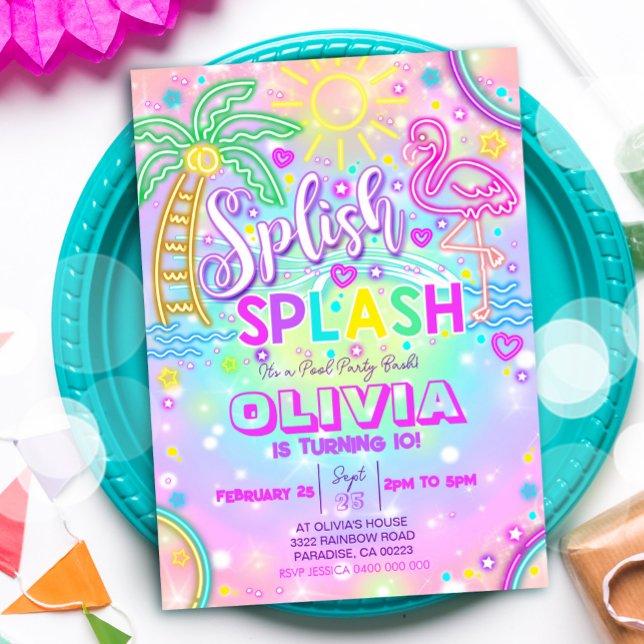 Neon Splish Splash Pool Party Invitation (Neon Splish Splash Pool Party Invitation)