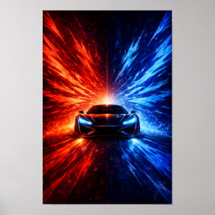 Neon Split Speed Supercar – Red & Blue Energy Burs Poster