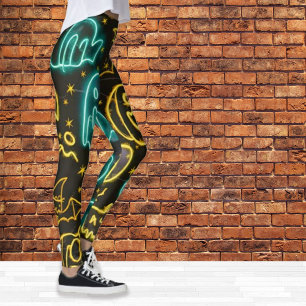 Neon Spooky Halloween Ghost Bats Pumpkins Pattern Leggings