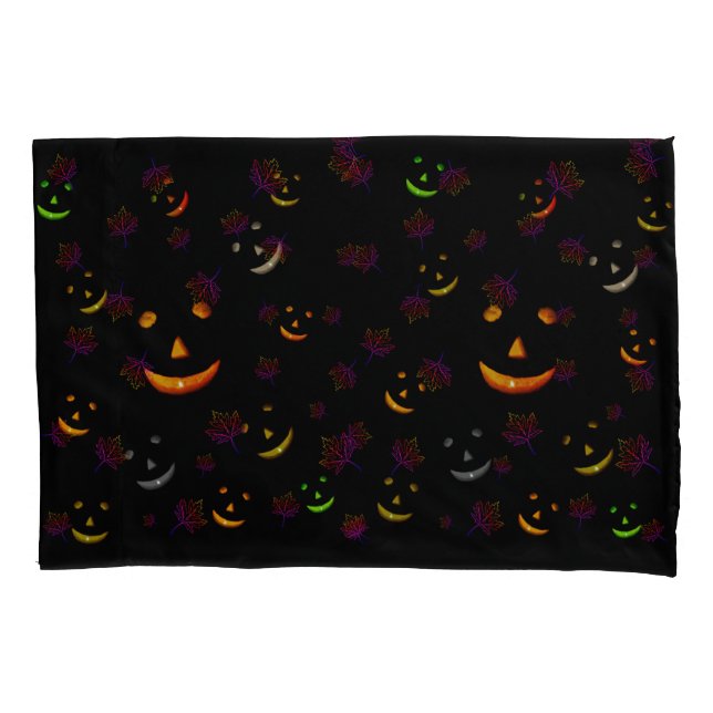 Neon Spooky Jack-O'-lantern Fall Leaves Glow  Pillowcase (Front-Left)