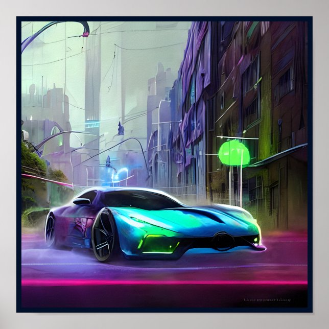 Neon Sports Car on the Road Poster (Front)