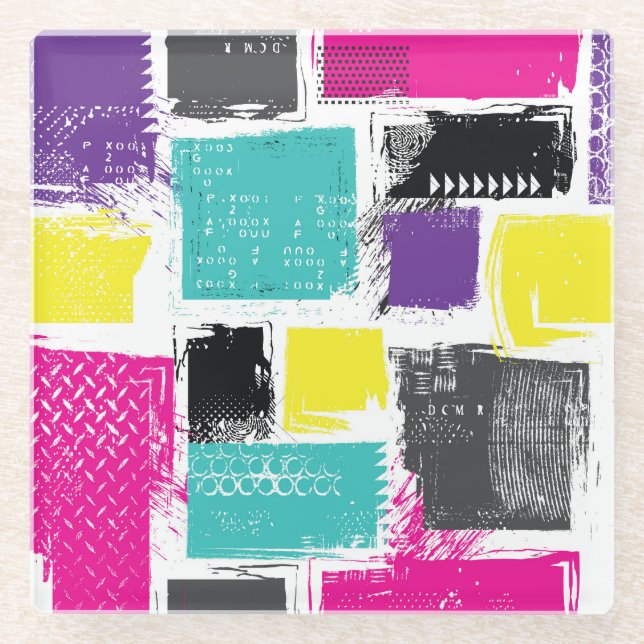 Neon Squares Retro Abstract Pattern Glass Coaster (Front)
