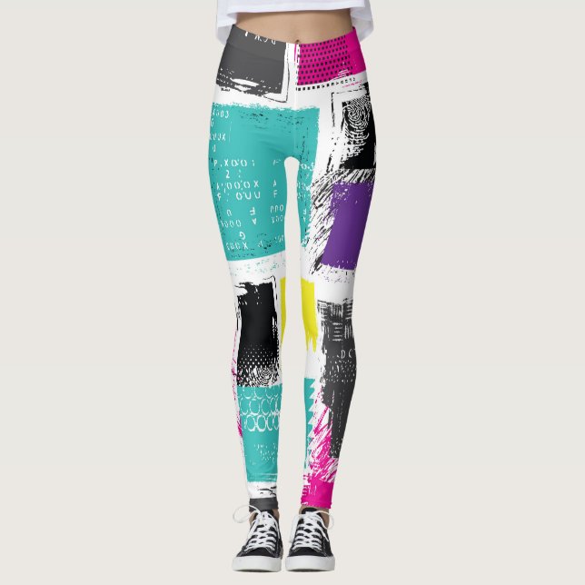 Neon Squares Retro Abstract Pattern Leggings (Front)