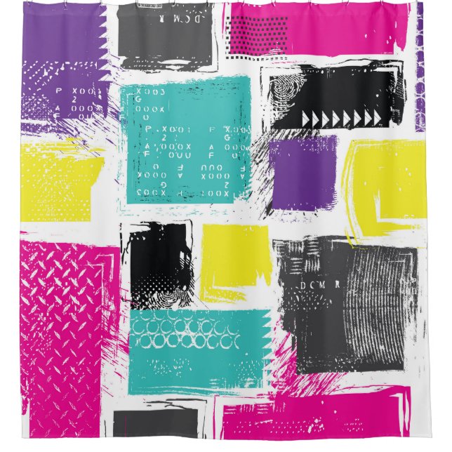 Neon Squares Retro Abstract Pattern Shower Curtain (Front)