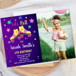 Neon Star Skate Birthday Invitations with photo