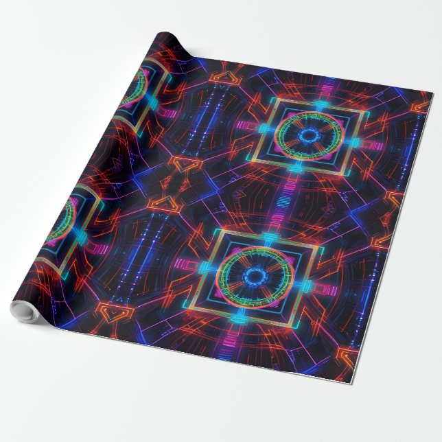 Neon Starburst Kaleidoscope Wrapping Paper (Unrolled)