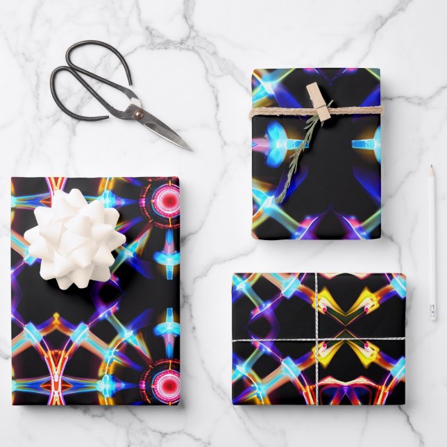 Neon Starburst Kaleidoscope Wrapping Paper Sheet (Front)
