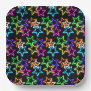 Neon Stars On Black Paper Plate