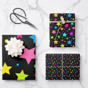 Neon Stars on Black Wrapping Paper Sheet