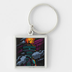 Neon Statue of Liberty Rain Art New York City Glow Key Ring