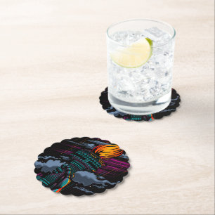 Neon Statue of Liberty Rain Art Purple Teal NYC Paper Coaster